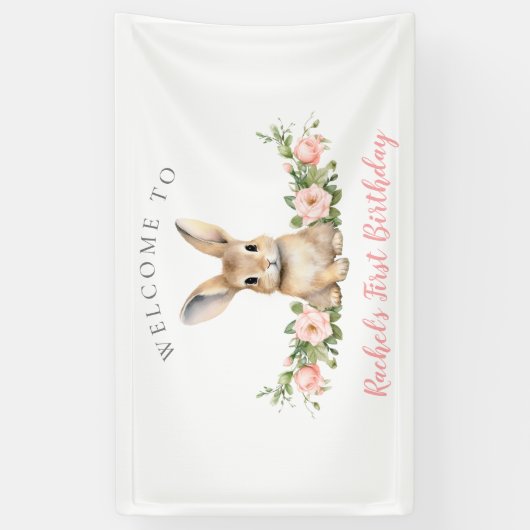 Roze Bloemen Voorjaar Bunny Welkom 1e Verjaardag Spandoek (Verticaal)