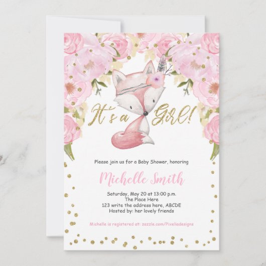 Roze Bloemen, Vos, Woodland Baby Meisje Douche Kaart (Voorkant)