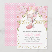 Roze Bloemen, Vos, Woodland Baby Meisje Douche Kaart (Voorkant / Achterkant)