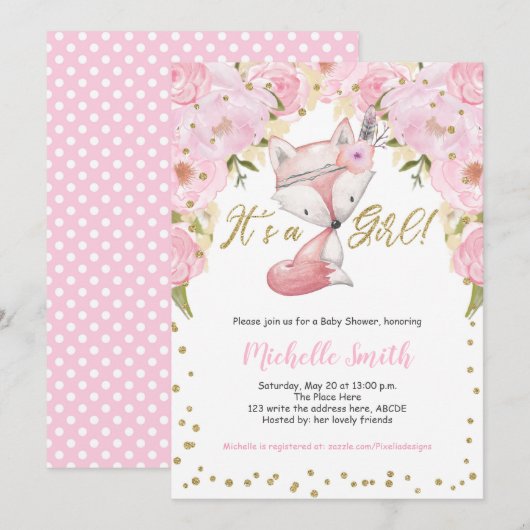 Roze Bloemen, Vos, Woodland Baby Meisje Douche Kaart (Voorkant / Achterkant)