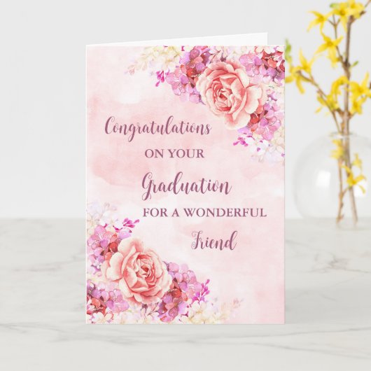 Roze Bloemen Vriend Gefeliciteerd Afstuderen Kaart (Gele Bloem)