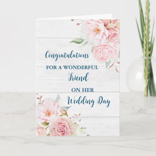 Roze Bloemen Vriend Trouwdag Gefeliciteerd Kaart (Voorkant)