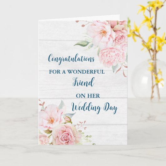 Roze Bloemen Vriend Trouwdag Gefeliciteerd Kaart (Gele Bloem)