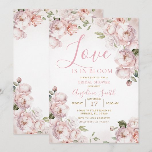 Roze Bloemen Vrijgezellenfeest Bridal Brunch Invit Kaart (Voorkant / Achterkant)