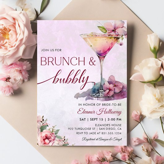 Roze Bloemen Vrijgezellenfeest Brunch en Bubbly Kaart