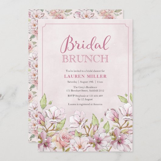 Roze Bloemen Vrijgezellenfeest Brunch uitnodiging (Voorkant / Achterkant)