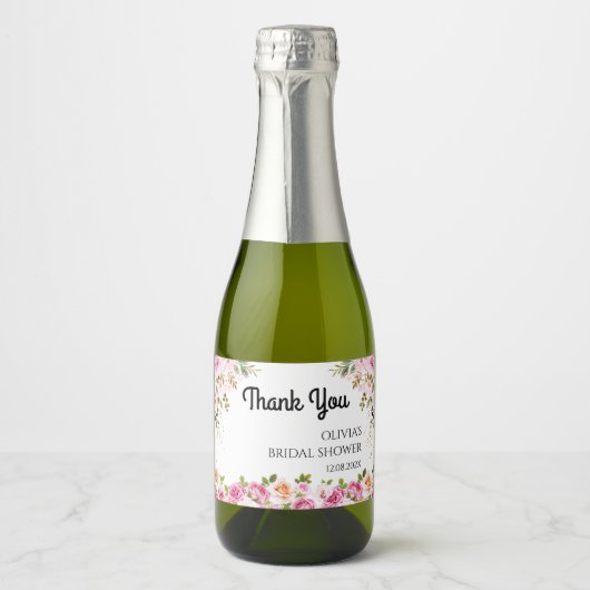 Roze Bloemen Vrijgezellenfeest Dank u voor Sparkli Sparkling Wijnetiket (Voorkant)