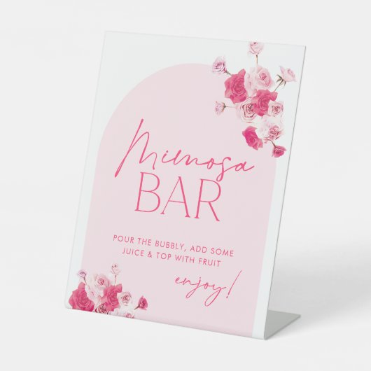 Roze Bloemen Vrijgezellenfeest Mimosa Bar Teken Reclamebord Met Voetstuk (Voorkant)