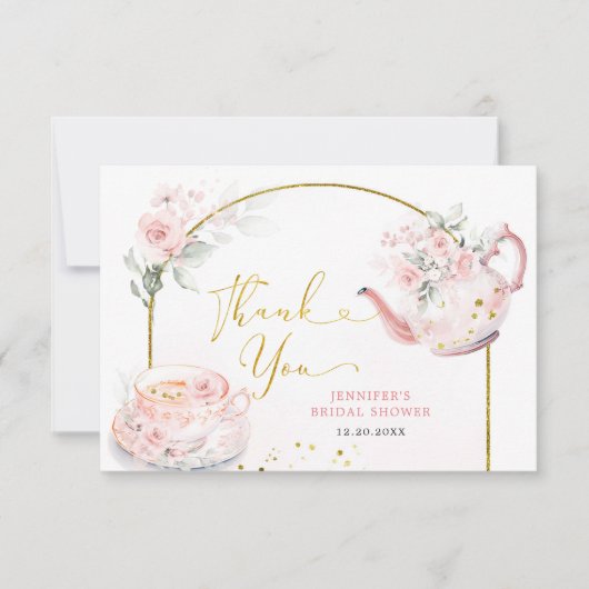 Roze Bloemen Vrijgezellenfeest Tea Party Bedankkaart (Voorkant)