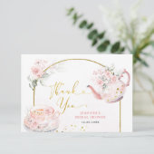 Roze Bloemen Vrijgezellenfeest Tea Party Bedankkaart (Staand voorkant)