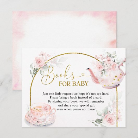 Roze Bloemen Vrijgezellenfeest Tea Party Boeken vo Uitnodiging Briefkaart (Voorkant / Achterkant)