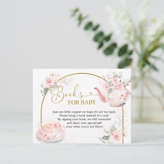 Roze Bloemen Vrijgezellenfeest Tea Party Boeken vo Uitnodiging Briefkaart (Staand voorkant)