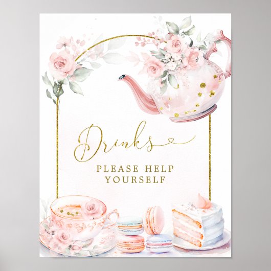 Roze Bloemen Vrijgezellenfeest Tea Party Drinken t Poster (Voorkant)