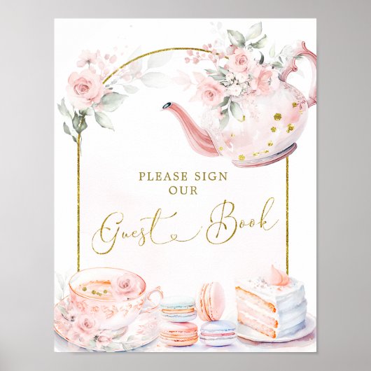 Roze Bloemen Vrijgezellenfeest Tea Party Gastenboe Poster (Voorkant)