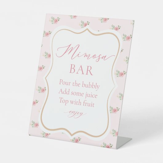 Roze Bloemen Vrijgezellenfeest Tea Party Mimosa Ba Reclamebord Met Voetstuk (Voorkant)
