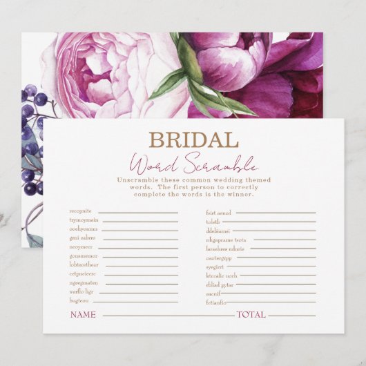 Roze Bloemen Vrijgezellenfeest Woord Scramble Game Kaart (Voorkant / Achterkant)