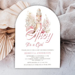 Roze Bloemen Vuurtoren Nautische Boog Baby shower Kaart