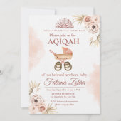 Roze Bloemen Wandelwagen Baby Meisje Moslim Aqiqah Kaart (Voorkant)