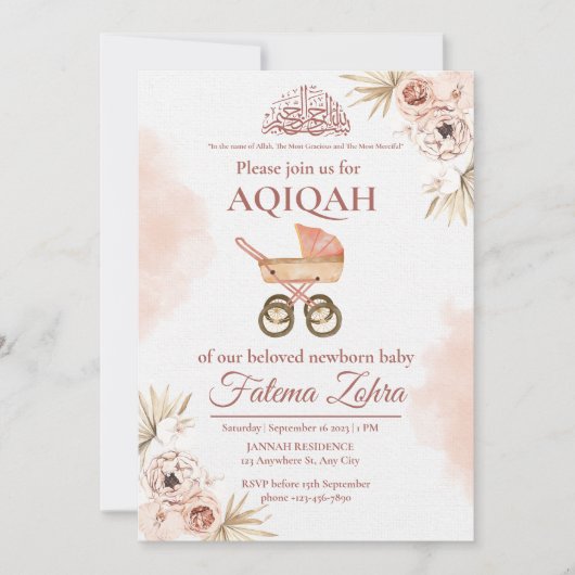 Roze Bloemen Wandelwagen Baby Meisje Moslim Aqiqah Kaart (Voorkant)
