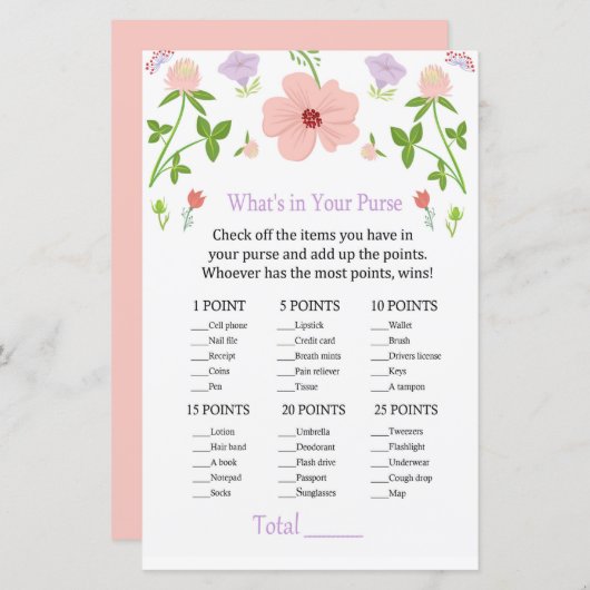 Roze Bloemen Wat zit er in je tas spel (Voorkant / Achterkant)