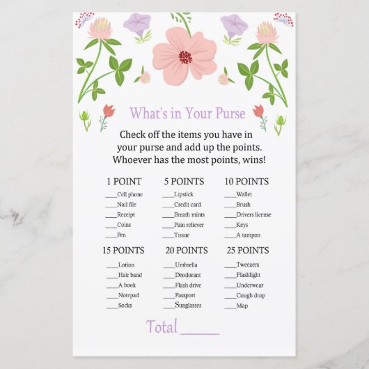 Roze Bloemen Wat zit er in je tas spel (Voorkant)