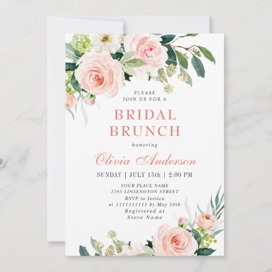 Roze Bloemen Watercolor Bruids Brunch Kaart (Voorkant)