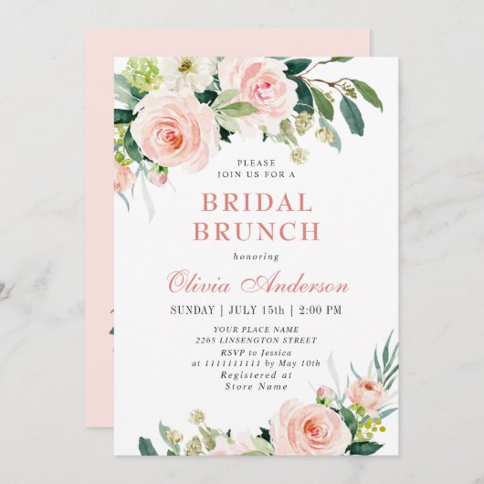 Roze Bloemen Watercolor Bruids Brunch Kaart (Voorkant / Achterkant)