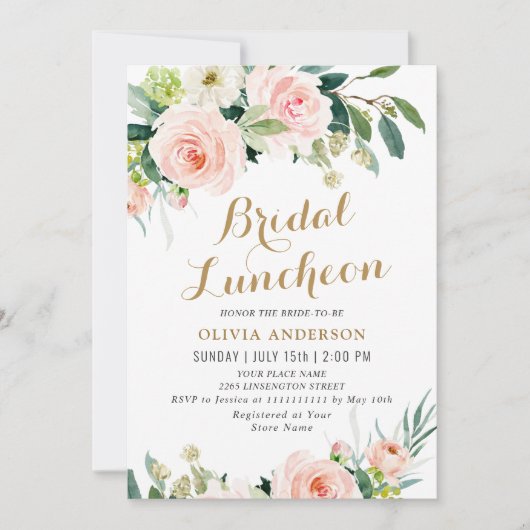 Roze Bloemen Watercolor Bruiloft Luncheon Kaart (Voorkant)