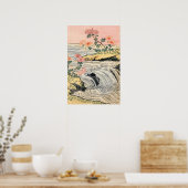 Roze bloemen waterval landschap poster (Keuken)