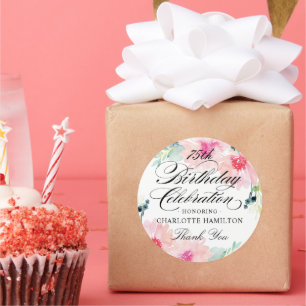 Roze Bloemen Waterverf 75e Verjaardagsviering Ronde Sticker