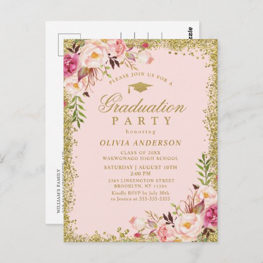 Roze Bloemen Waterverf Afstudeerfeest Uitnodiging (Voorkant / Achterkant)