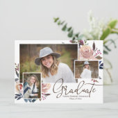 Roze Bloemen Waterverf Afstuderen Foto Kaart (Staand voorkant)