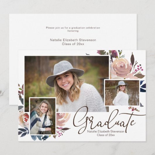 Roze Bloemen Waterverf Afstuderen Foto Kaart (Voorkant / Achterkant)