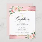 roze bloemen waterverf agate baptisme uitnodiging (Voorkant / Achterkant)