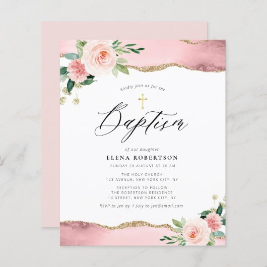 roze bloemen waterverf agate baptisme uitnodiging (Voorkant / Achterkant)