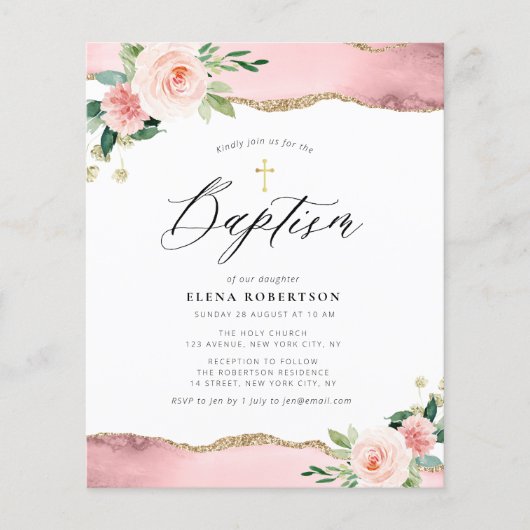 roze bloemen waterverf agate baptisme uitnodiging (Voorkant)