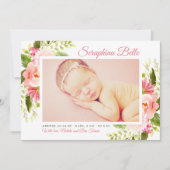 Roze Bloemen Waterverf Baby Meisje Foto Geboorte Aankondiging (Voorkant)