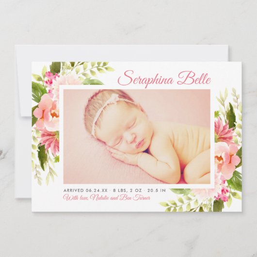 Roze Bloemen Waterverf Baby Meisje Foto Geboorte Aankondiging (Voorkant)