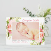Roze Bloemen Waterverf Baby Meisje Foto Geboorte Aankondiging (Staand voorkant)
