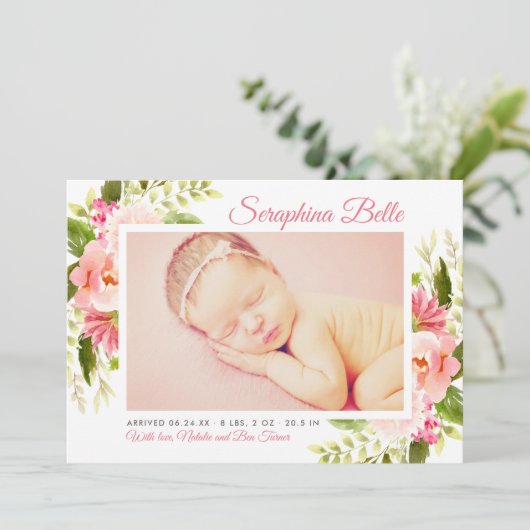 Roze Bloemen Waterverf Baby Meisje Foto Geboorte Aankondiging (Staand voorkant)