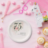 Roze Bloemen Waterverf Bladgroen 75e Verjaardagsfe Papieren Bordje (Feest)