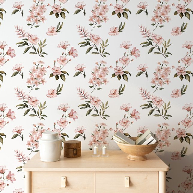 Roze Bloemen Waterverf Botanische Tuin Behang (Pink Floral Blossoms Watercolor Botanical Garden Wallpaper)