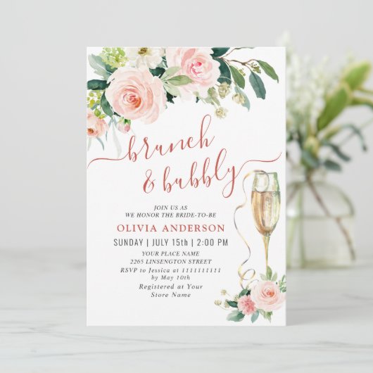 Roze Bloemen Waterverf Bruids Brunch Kaart (Staand voorkant)