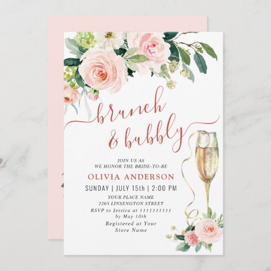 Roze Bloemen Waterverf Bruids Brunch Kaart (Voorkant / Achterkant)