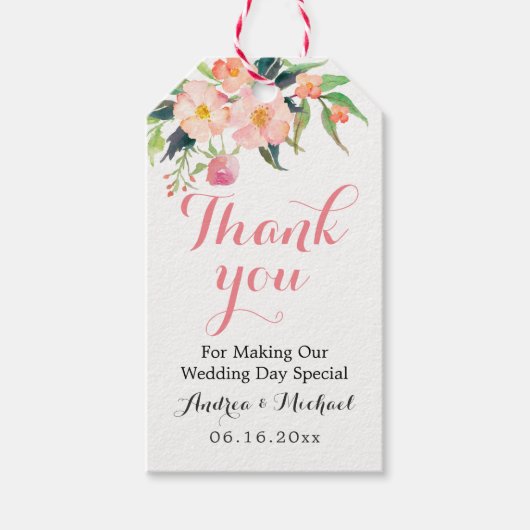 Roze Bloemen Waterverf Bruiloft Dank u Cadeaulabel (Voorkant)