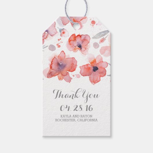 Roze Bloemen Waterverf Bruiloft Dank u Cadeaulabel (Voorkant)