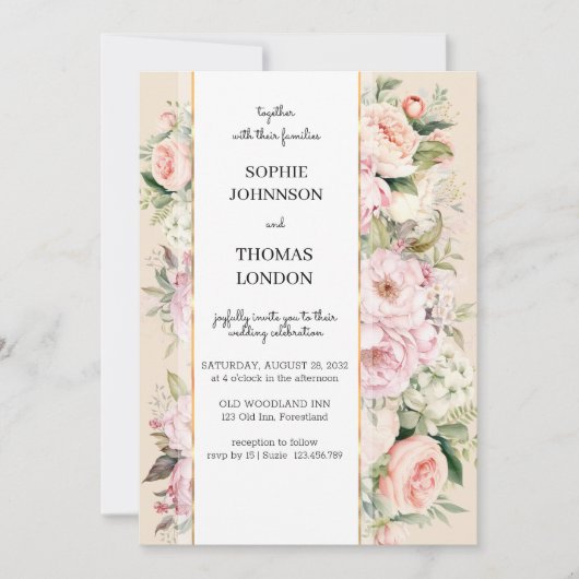 Roze bloemen waterverf bruiloft kaart (Voorkant)