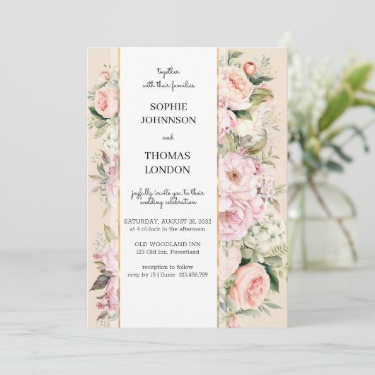 Roze bloemen waterverf bruiloft kaart (Staand voorkant)