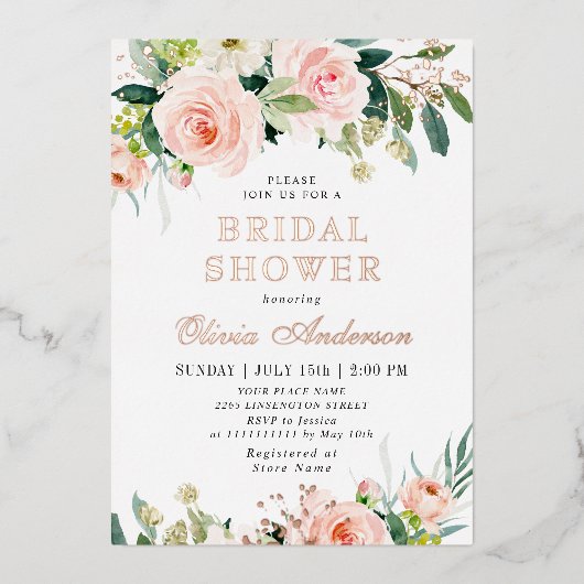 Roze Bloemen Waterverf Bruiloft Shower Goud Folie Uitnodiging (Voorkant)