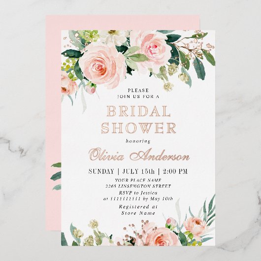 Roze Bloemen Waterverf Bruiloft Shower Goud Folie Uitnodiging (Voorkant / Achterkant)